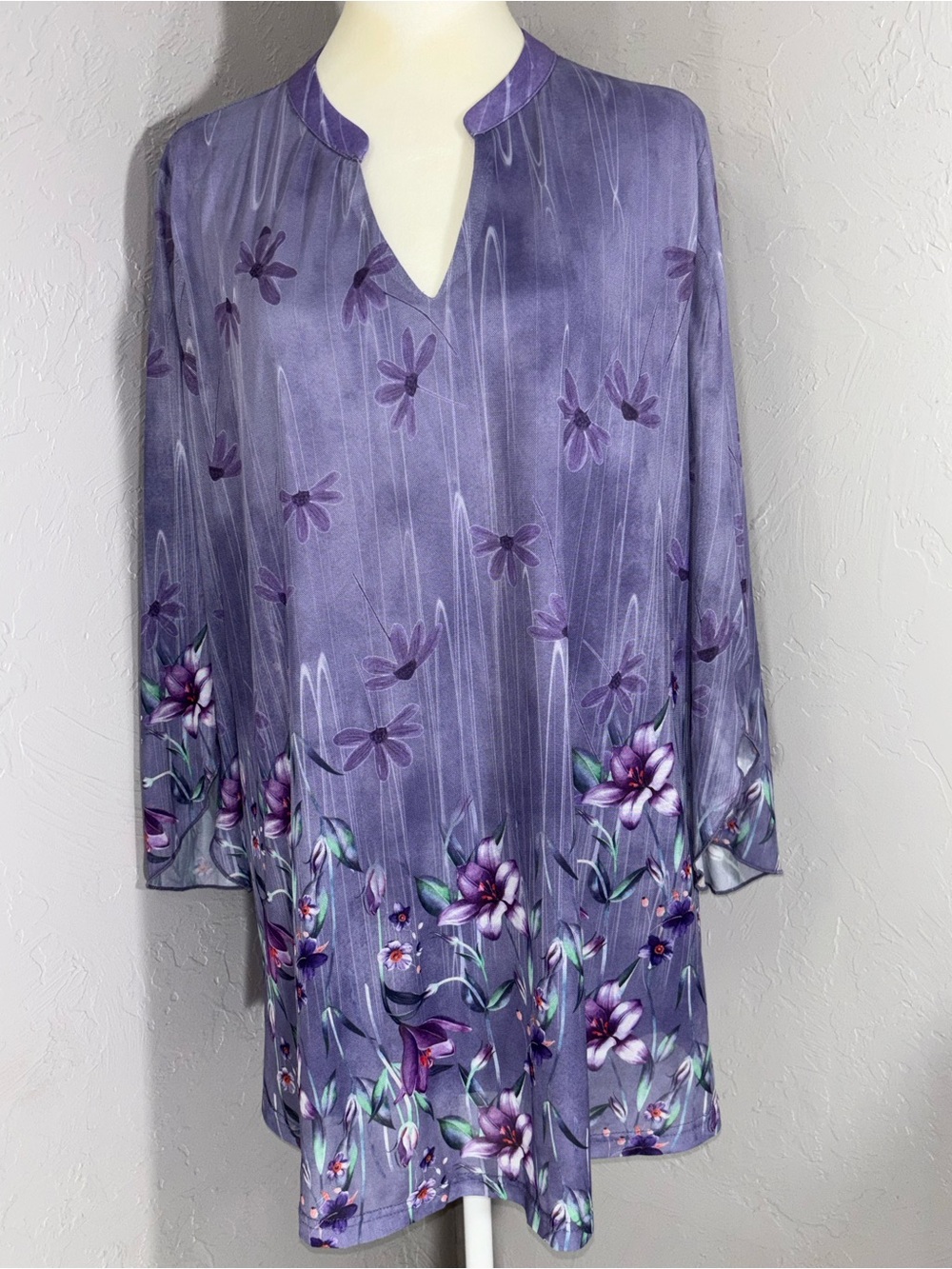 Valentino Lavender Floral Split‑Neck Long Sleeve Blouse